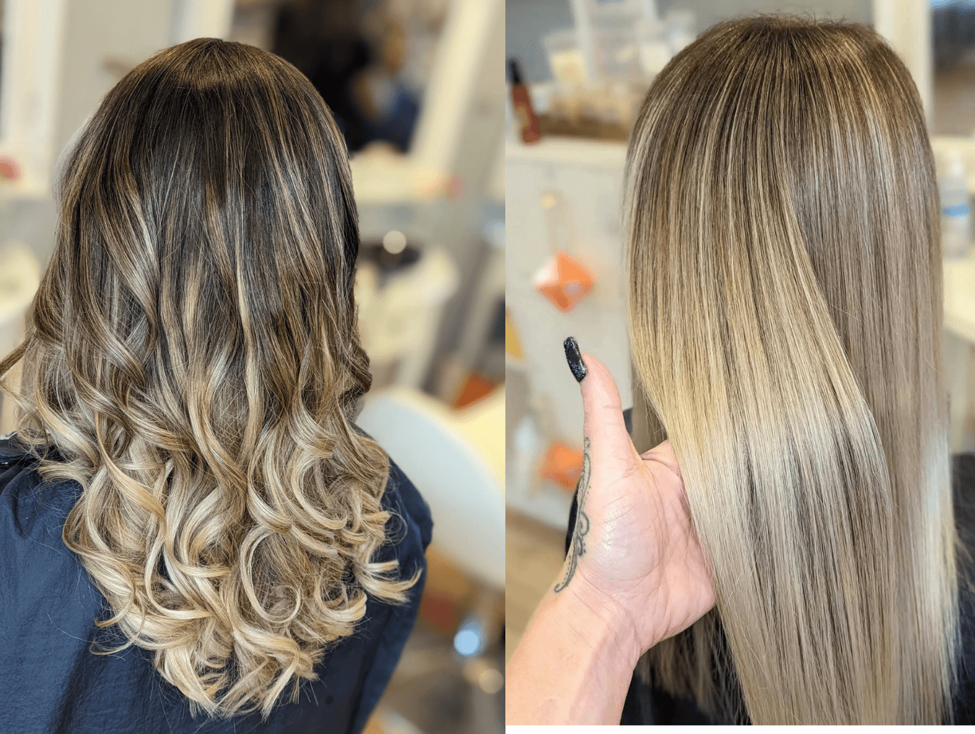 Two client results showcasing balayage techniques—one with soft blonde waves and one with a sleek, blended blonde finish—captured at The Dolls House salon in Eastbourne.