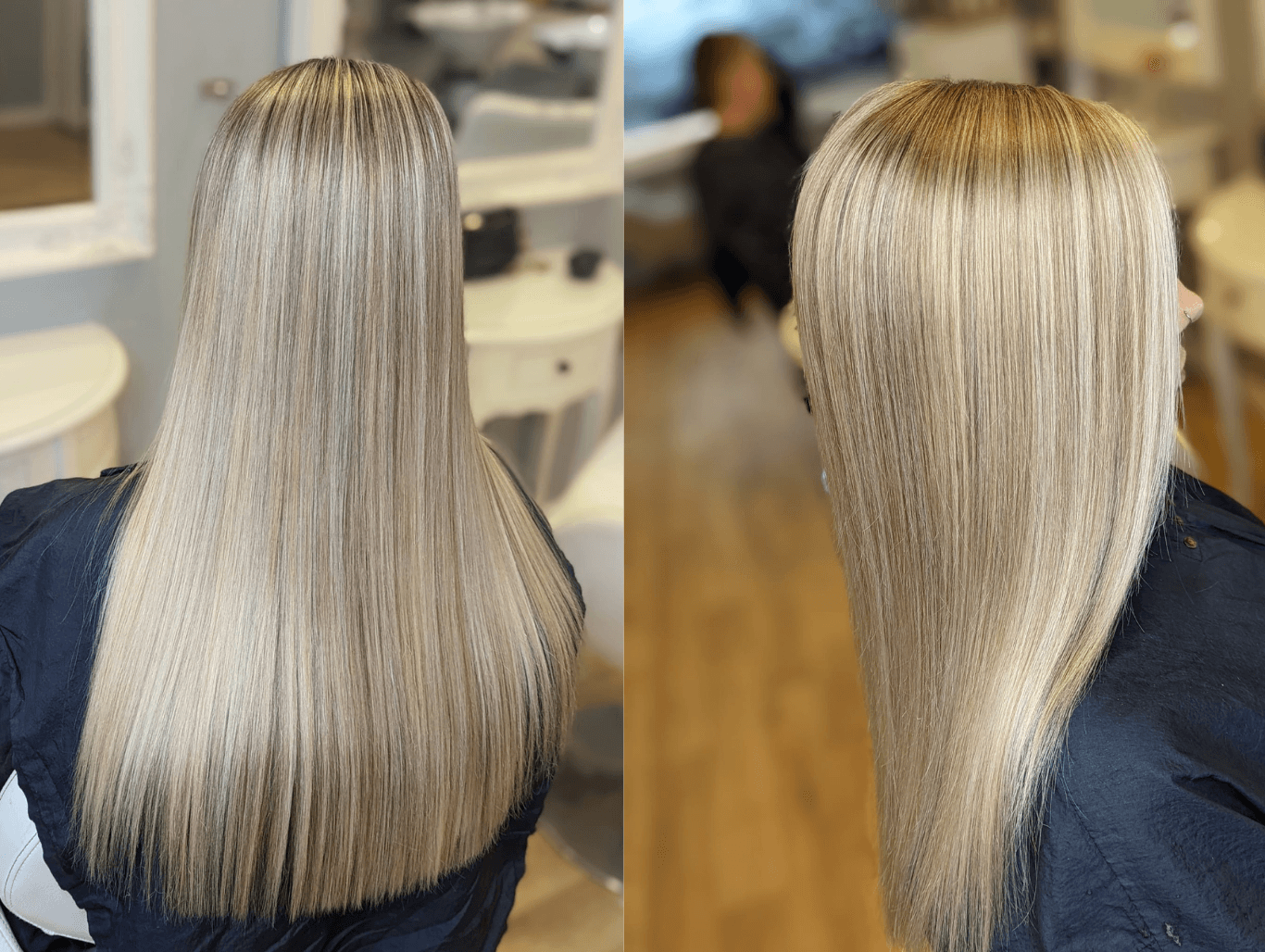 Close-up of freshly highlighted blonde hair at The Dolls House Hair & Beauty Boutique in Eastbourne – smooth, natural results from expert colour services.