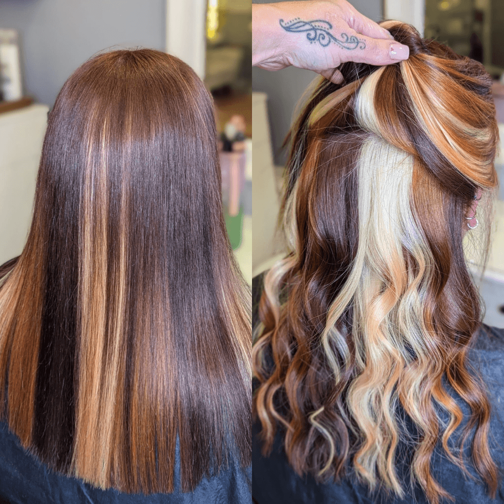Before and after of creative hair colouring at The Dolls House Hair & Beauty Boutique in Eastbourne – vibrant contrast panels and soft waves for a bold, personalised look.