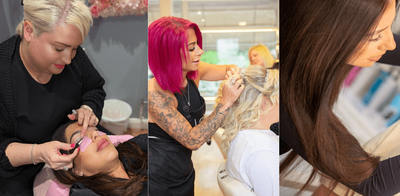The Dolls House Boutique team in Old Town, Eastbourne – beauty therapist applying lash treatment, stylist creating bridal hair, and hairdresser working on long, glossy hair.