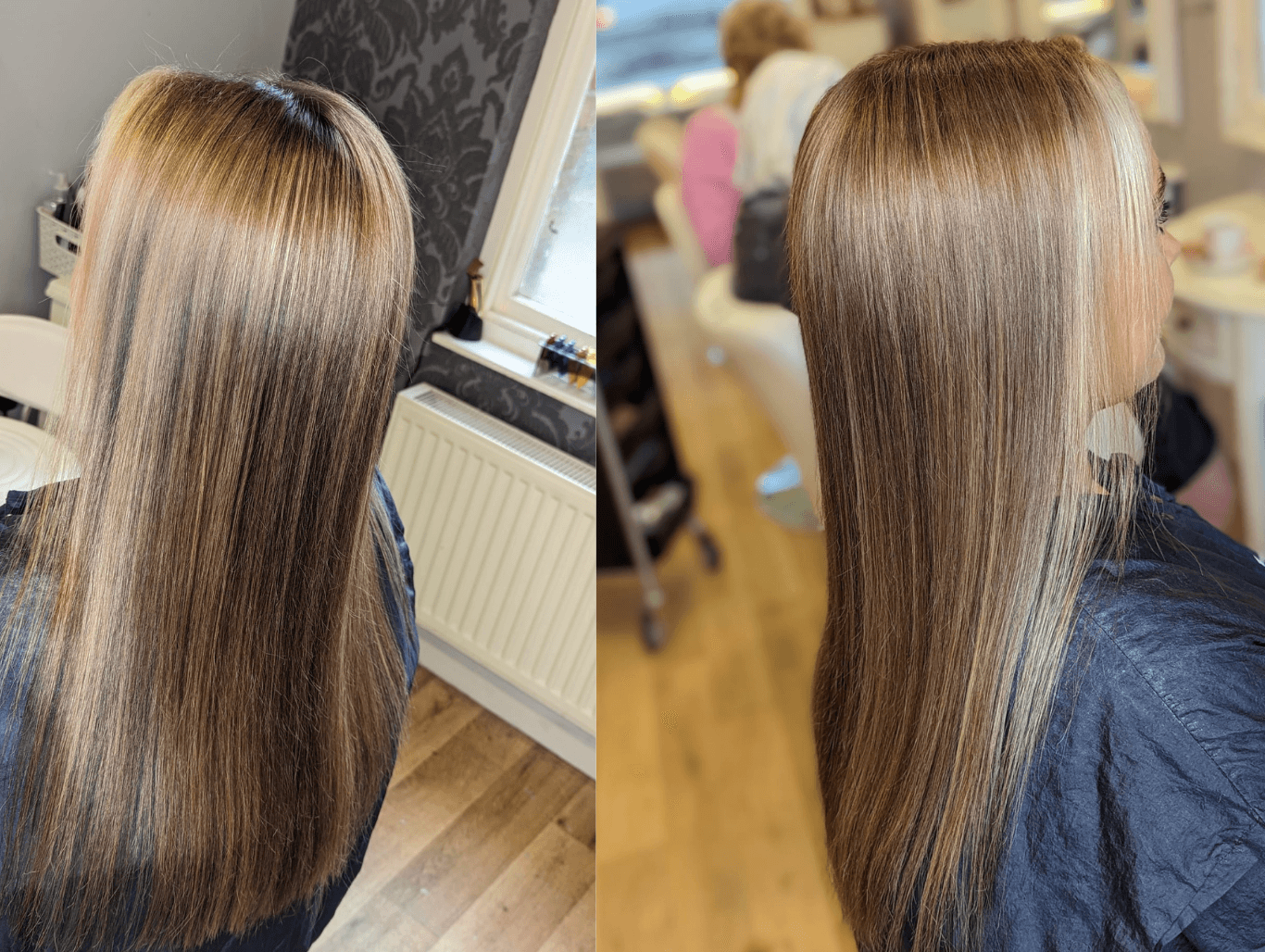 Two views of freshly styled hair featuring soft, natural-looking face-framing highlights around the front hairline, adding light and dimension at The Dolls House salon in Eastbourne.