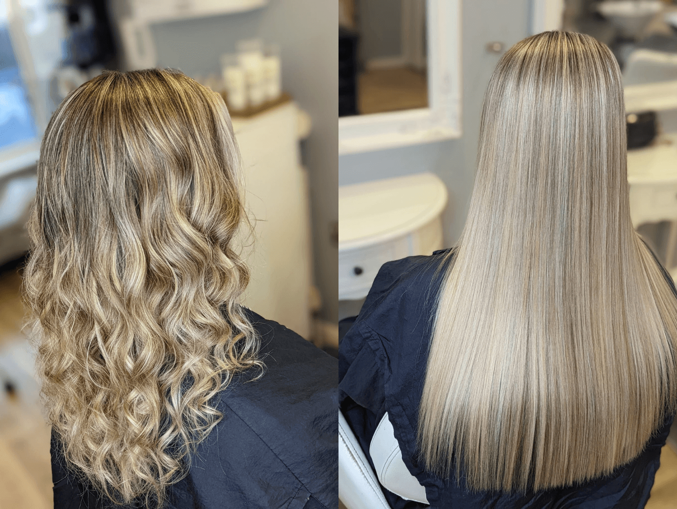Before and after view of a client’s hair showing the transformation from soft waves with natural tones to sleek, straight hair with bright full head highlights at The Dolls House salon in Eastbourne.