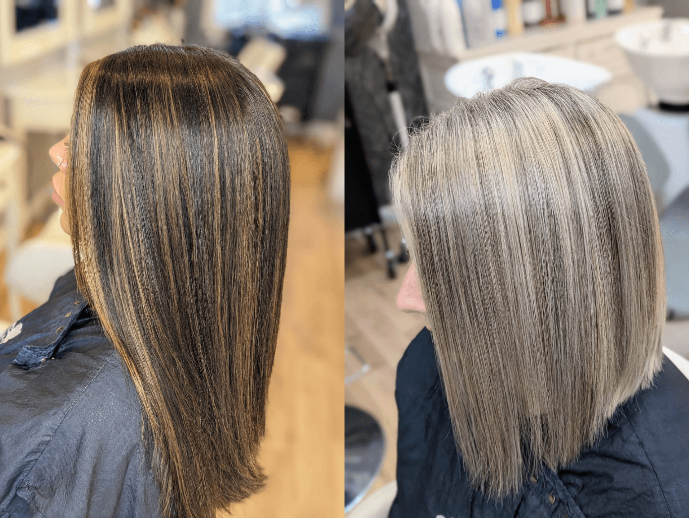 Side-by-side views of clients showcasing glossy, natural-looking half head highlights—one on rich brunette hair and one on cool-toned blonde—styled sleek and straight at The Dolls House salon in Eastbourne.