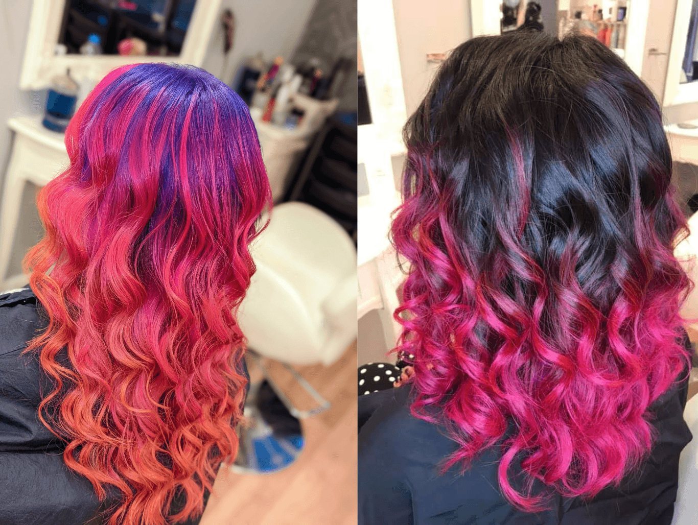 Two vibrant hair transformations featuring soft curls and bold colour, showcasing the finished look after a professional shampoo, blowdry, and styling service at The Dolls House in Eastbourne.