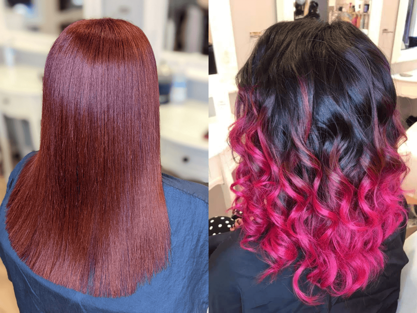 Two salon restyle results shown from the back—one sleek, straight red cut and one curly black-to-pink balayage, showcasing dramatic hair transformations at The Dolls House in Eastbourne.