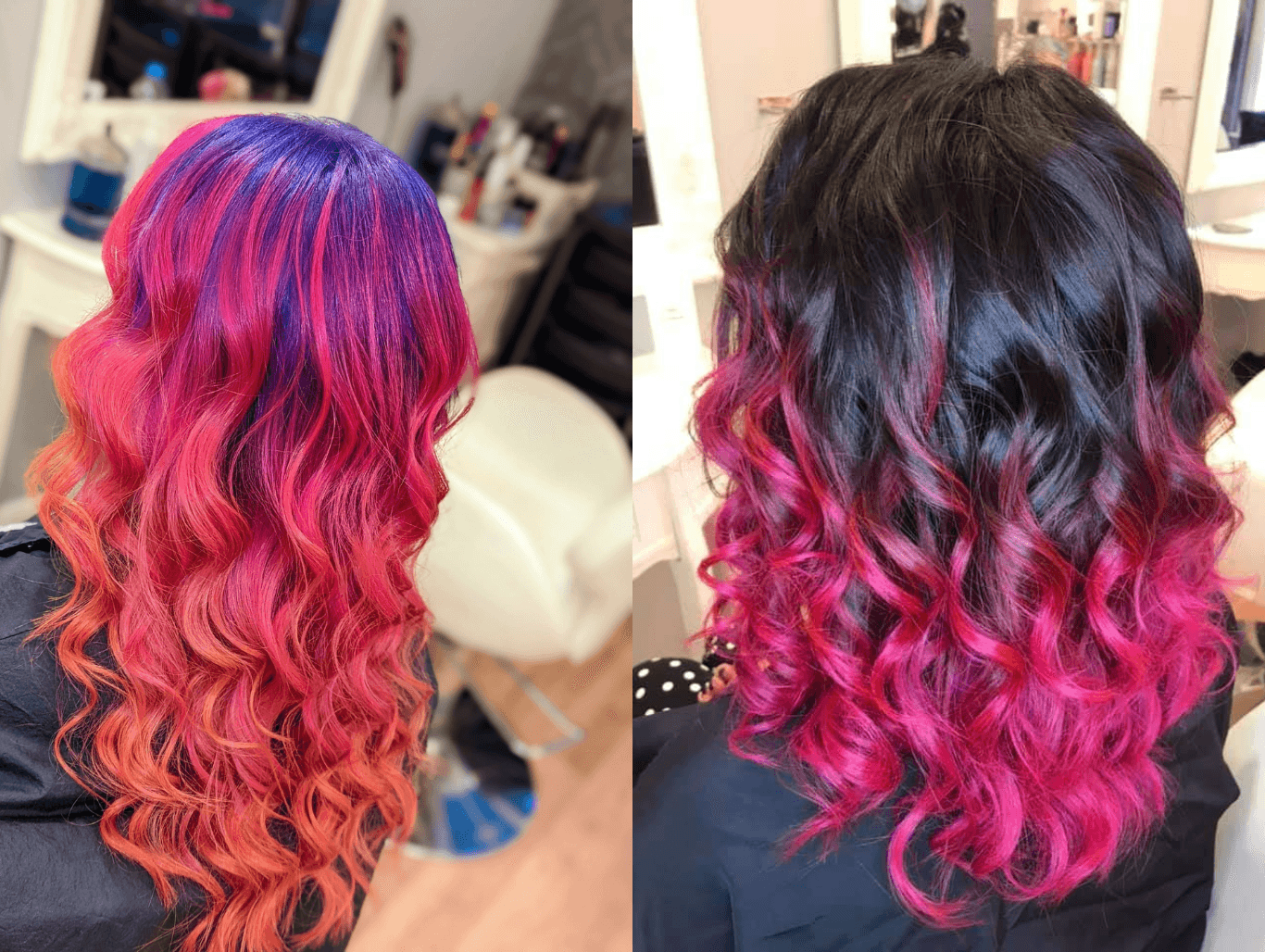 Two striking ombre hair transformations—one fading from violet to pink and orange, the other blending black into vibrant pink—captured at The Dolls House salon in Eastbourne.