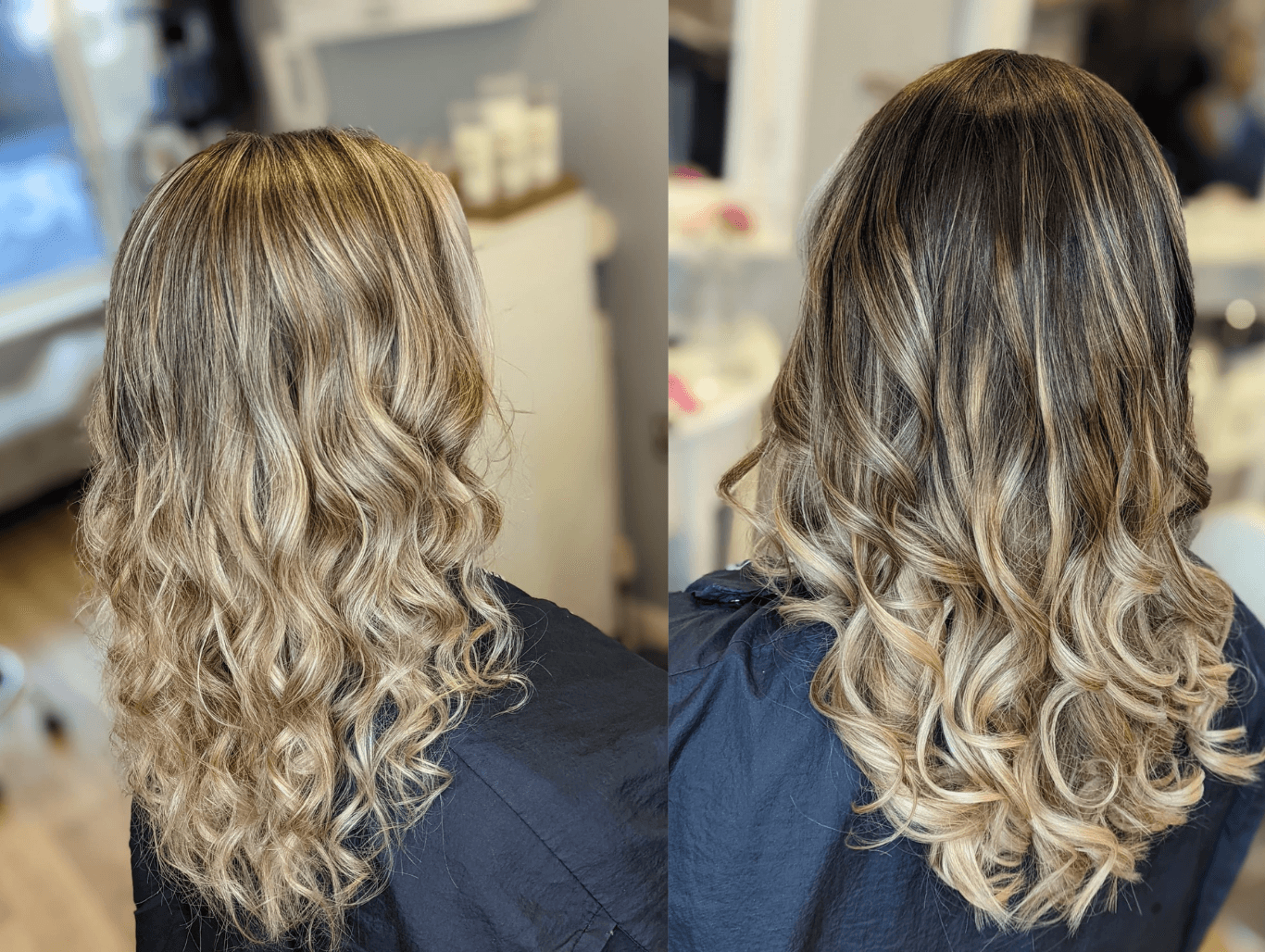 Side-by-side comparison of two clients with soft, blended scattered highlights and root tint, creating dimension and warmth through wavy hairstyles at The Dolls House salon in Eastbourne.